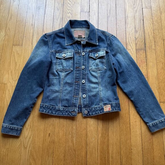 Vintage 90s Guess Size M Blue Denim Authentic Original Jeans Trucker Jacket - Picture 2 of 16